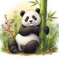 Beautiful Panda Relaxing Among Colorful Flowers in Background Royalty Free Stock Photo