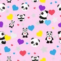 Beautiful pandas seamless pattern on a pink background