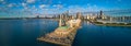 Beautiful panorama aerial over Navy Pier with vintage car show and Chicago downtown skyline during morning light Royalty Free Stock Photo