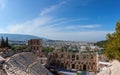 Beautiful panorama of Athens in Greece with view of Odeon of Herodes Atticus