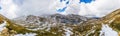 Beautiful Panorama of Blue Lake and snow covered mountains. Kosciuszko National Park, Australia