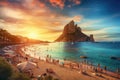 Beautiful panorama of Calpe beach at sunset, Alicante, Spain, Picturesque view of Cala d\'Hort tropical Beach, people Royalty Free Stock Photo