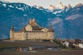 Beautiful panorama of the city of Aigle in Switzerland with visible castle and vineyards. Beautiful mountain backdrop Royalty Free Stock Photo