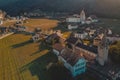 Beautiful panorama of the city of Aigle in Switzerland with visible castle and vineyards. Beautiful mountain backdrop Royalty Free Stock Photo