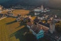 Beautiful panorama of the city of Aigle in Switzerland with visible castle and vineyards. Beautiful mountain backdrop