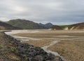 Beautiful panorama of colorful volcanic mountains in Landmannalaugar camp site area of Fjallabak Nature Reserve in Royalty Free Stock Photo