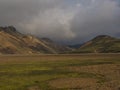 Beautiful panorama of colorful volcanic mountains in Landmannalaugar camp site area of Fjallabak Nature Reserve in Royalty Free Stock Photo
