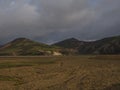 Beautiful panorama of colorful volcanic mountains in Landmannalaugar camp site area of Fjallabak Nature Reserve in Royalty Free Stock Photo