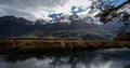 Beautiful panorama of Eglinton Mount from Mirror Lakes point on the SH94 road towards Milford Sound with the snow capped mountains Royalty Free Stock Photo