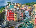 Beautiful panorama of the evening Riomaggiore, Cinque Terre national park. Royalty Free Stock Photo