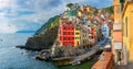 Beautiful panorama of the evening Riomaggiore, Cinque Terre national park. Royalty Free Stock Photo