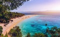 Beautiful panorama of famous Adriatic beach Zlatni Rat Golden Cape or Golden Horn with turquoise water , Island of Brac Croatia Royalty Free Stock Photo