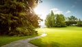 Beautiful panorama of green city park at dawn Royalty Free Stock Photo