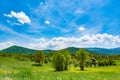 Beautiful panorama with green meadows and hills in the background Royalty Free Stock Photo