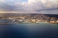 A beautiful panorama of Haifa Bay and Port on the Mediterranean Coast of Israel. Aerial view of seaside city located on the hill.