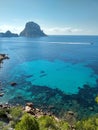 Beautiful panorama of the islet of Es Vedra on the cliff of Cala D`Hort in Ibiza, Pitiusa Island of the Balearics