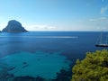 Beautiful panorama of the islet of Es Vedra on the cliff of Cala D`Hort in Ibiza, Pitiusa Island of the Balearics