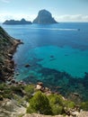 Beautiful panorama of the islet of Es Vedra on the cliff of Cala D`Hort in Ibiza, Pitiusa Island of the Balearics