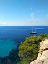 Beautiful panorama of the islet of Es Vedra on the cliff of Cala D`Hort in Ibiza, Pitiusa Island of the Balearics