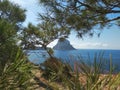Beautiful panorama of the islet of Es Vedra on the cliff of Cala D`Hort in Ibiza, Pitiusa Island of the Balearics