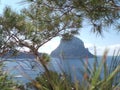 Beautiful panorama of the islet of Es Vedra on the cliff of Cala D`Hort in Ibiza, Pitiusa Island of the Balearics