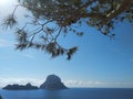 Beautiful panorama of the islet of Es Vedra on the cliff of Cala D`Hort in Ibiza, Pitiusa Island of the Balearics