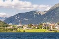 Beautiful panorama of Lago della Muta lake, with the village of San Valentino in the background, South Tyrol, Italy