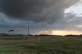 Beautiful panorama landscape with sun and forest and meadow at sunrise. sun rays shine through clouds. scenic and panoramic view Royalty Free Stock Photo