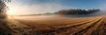 beautiful panorama landscape with sun and forest and meadow at sunrise. sun rays shine through trees. panoramic view Royalty Free Stock Photo