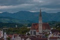 Beautiful panorama of majestic cathedral in the city of Steyr, Upper Austria,, rising up from the lush green mountains