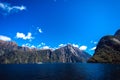 Beautiful panorama of Milford Sound with Mitre Peak on the foreground and snow capped mountains in the background taken on a sunny