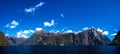 Beautiful panorama of Milford Sound with Mitre Peak on the foreground and snow capped mountains in the background taken on a sunny