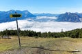 Beautiful panorama of Mountain Zugspitze above sea of clouds from top of Mount Wank Royalty Free Stock Photo