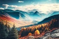 Beautiful panorama of mountains autumn valley, scenery background
