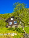 Beautiful panorama Norway Hemsedal Skicenter with Mountains and brown cabin