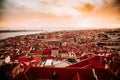 Beautiful panorama of old town and Baixa district in Lisbon city during sunset, seen from Sao Jorge Castle hill Royalty Free Stock Photo