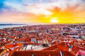 Beautiful panorama of old town and Baixa district in Lisbon city during sunset, seen from Sao Jorge Castle hill Royalty Free Stock Photo