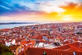 Beautiful panorama of old town and Baixa district in Lisbon city during sunset, seen from Sao Jorge Castle hill Royalty Free Stock Photo