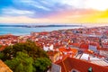 Beautiful panorama of old town Baixa district and Tagus River in Lisbon city during sunset, seen from Sao Jorge Castle Royalty Free Stock Photo