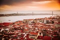 Beautiful panorama of old town Baixa district and Tagus River in Lisbon city during sunset, seen from Sao Jorge Castle Royalty Free Stock Photo
