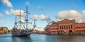 Beautiful panorama of Old Town in Gdansk with sailship and Baltic Philharmony