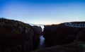 Beautiful panorama of an orange sunset at Pancake Rocks on a sunny winter day in Punakaiki, New Zealand