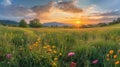 Beautiful panorama of rural landscape with sunrise and blossoming meadow Royalty Free Stock Photo