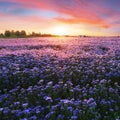 Beautiful panorama rural landscape with sunrise and blossoming meadow. purple flowers flowering on spring field, Phacelia Royalty Free Stock Photo