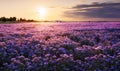 Beautiful panorama rural landscape with sunrise and blossoming meadow. purple flowers flowering on spring field, Phacelia Royalty Free Stock Photo