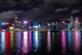 Beautiful panorama scene of hong kong city midtown at night with skyscrapers illuminated reflecting in the river Royalty Free Stock Photo