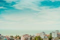 Beautiful panorama seaside town view real natural landscape frame photo background. Rooftops. Sea merges horizon skyline