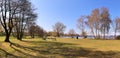 Beautiful panorama of spring landscapes with green grass and a clear blue sky Royalty Free Stock Photo