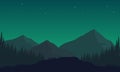 Beautiful Panorama of the starry sky at night with views of the mountains and dramatic silhouettes of pine trees. Vector