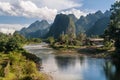 Beautiful panorama of the surroundings of Vang Vieng, Laos and Nam Song river